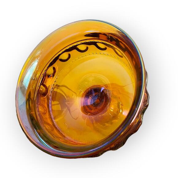 Vintage Lustre Amber Carnival Thumbprint Candy Dish Compote Midcentury Glassware - Picture 2 of 3